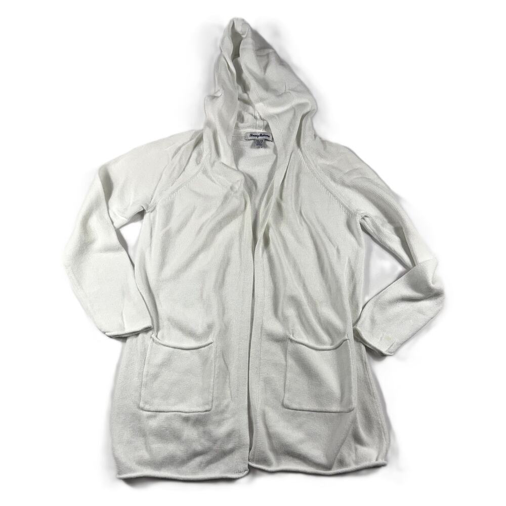 Tommy Bahama women's XS white hooded, ultra light open-front knit cardigan - Picture 2 of 8